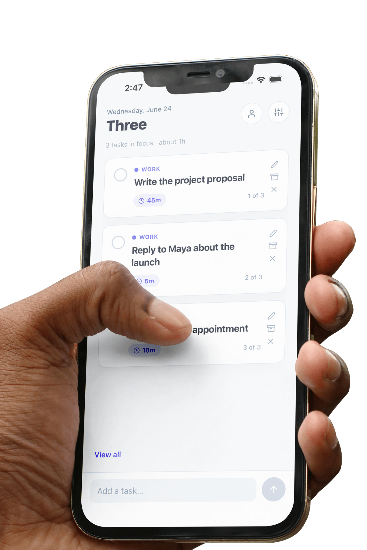 Three app on iPhone — three tasks in focus